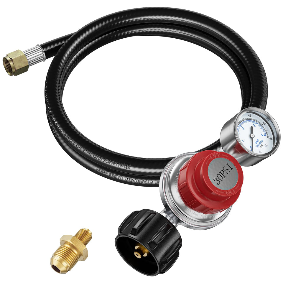 Rushare regulator with gauge for precise flame control during cooking.