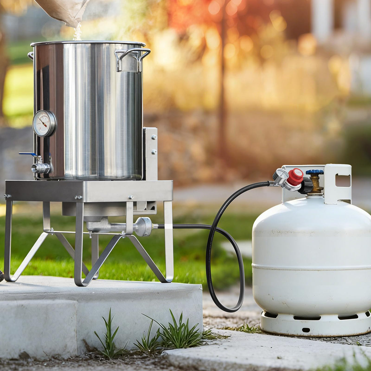 Rushare turkey fryer setup with regulator and hose.