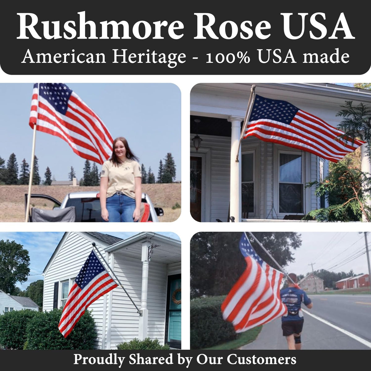 Rushmore Rose USA flag displayed on porch or fence with pride