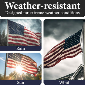 Flag fluttering in wind and rain demonstrating outdoor durability