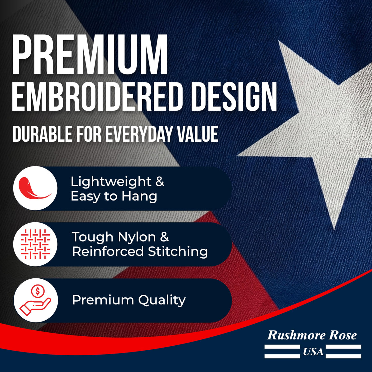 Rushmore Rose Texas flag reinforced stitching stays intact in windy conditions
