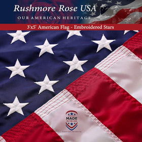 Rushmore Rose USA 3x5 outdoor flag with embroidered stars for durable weather performance.