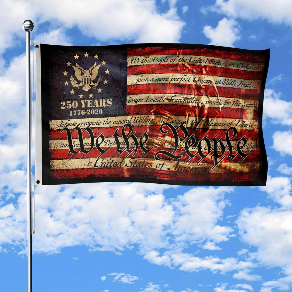 RustField Co. 250th Anniversary USA flag two-sided design for clear visibility indoors or outdoors.