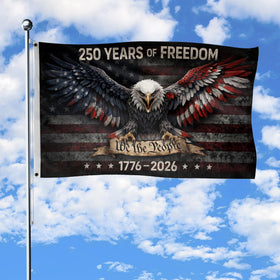 RustField Co. 250th USA flag, two-sided print, vibrant visuals from both sides.