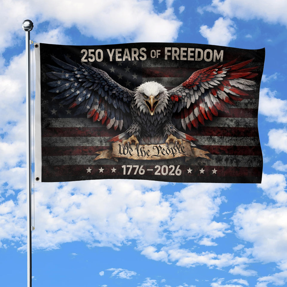 RustField Co. 250th USA flag, two-sided print, vibrant visuals from both sides.