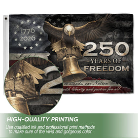 RustField Co. double-sided USA flag with vivid graphics for indoor or outdoor displays.