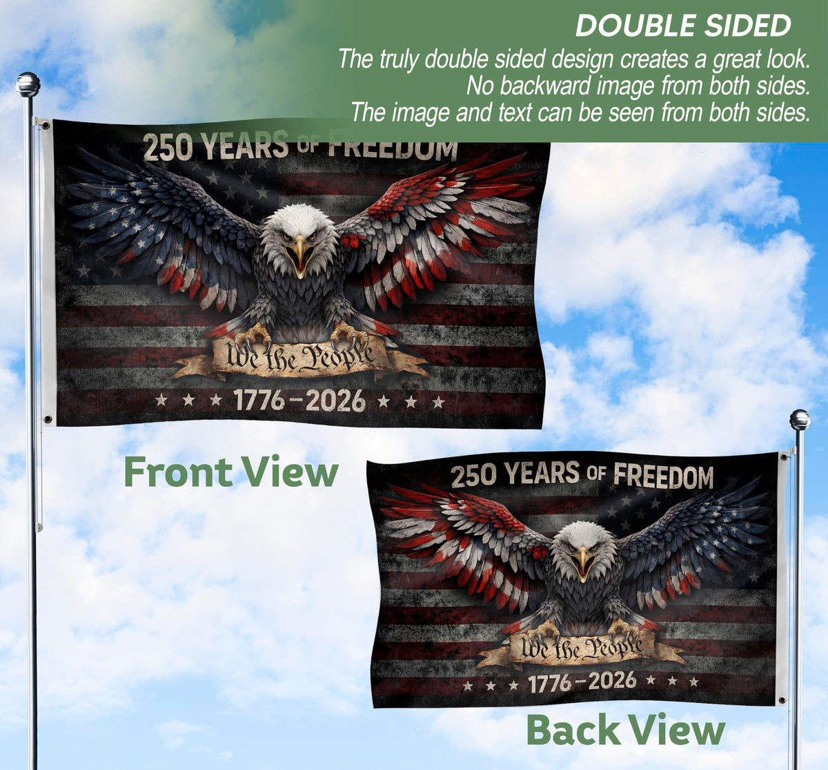 RustField Co. 250th flag commemorating history with eagle motif.