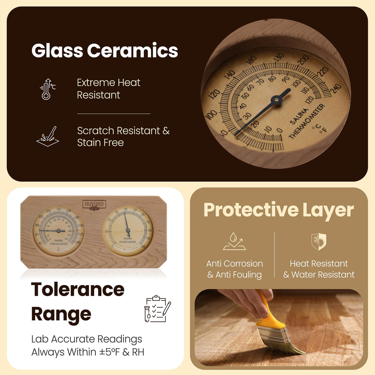 Heat-resistant glass on RUVARO gauge stays clear in high-temperature saunas.
