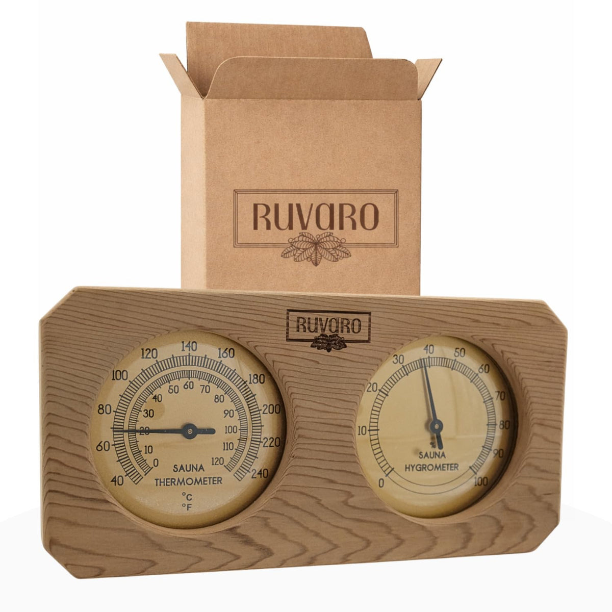 RUVARO sauna 2-in-1 gauge with cedar dial for precise readings.
