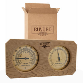 RUVARO sauna 2-in-1 gauge with cedar dial for precise readings.