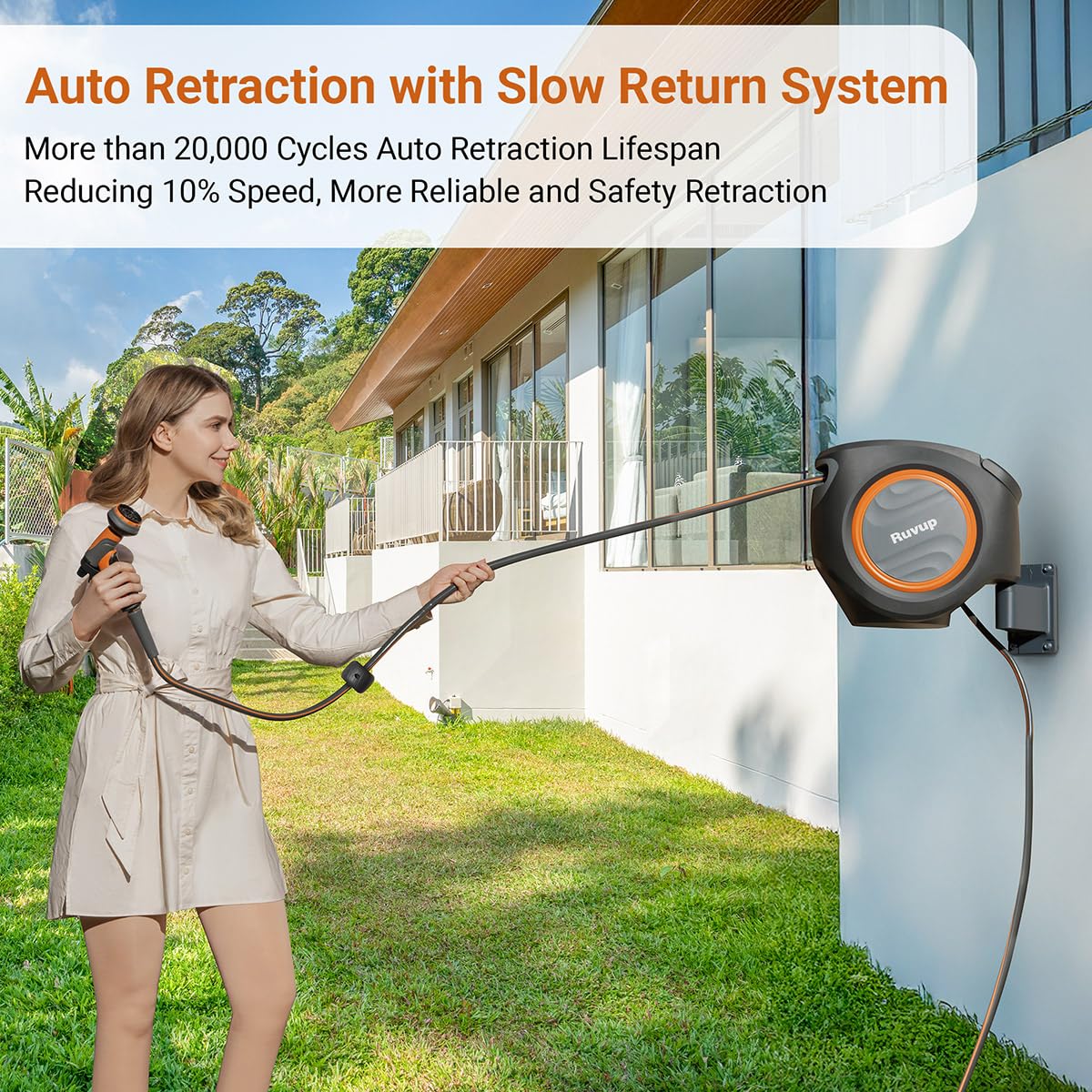 Ruvup automatic rewind feature shown on hose reel