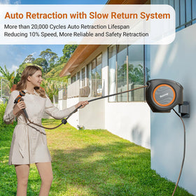 Ruvup automatic rewind feature shown on hose reel