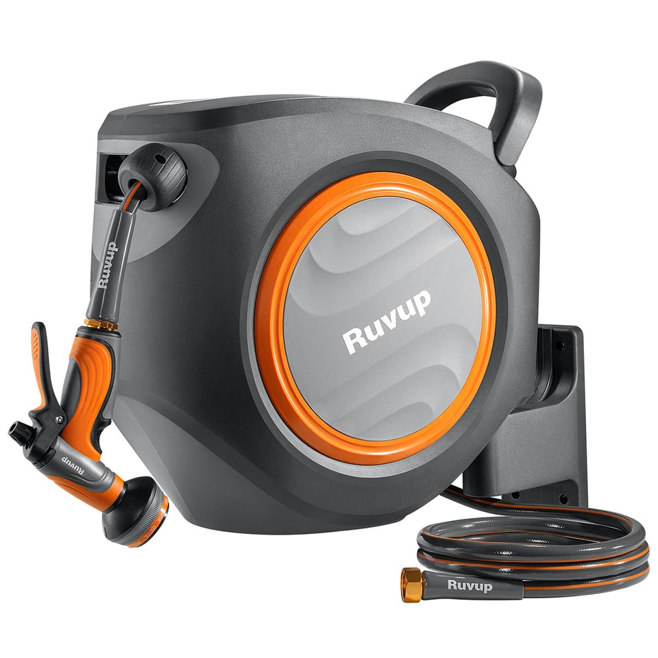 Ruvup retractable hose reel 100ft mounted on wall for easy watering