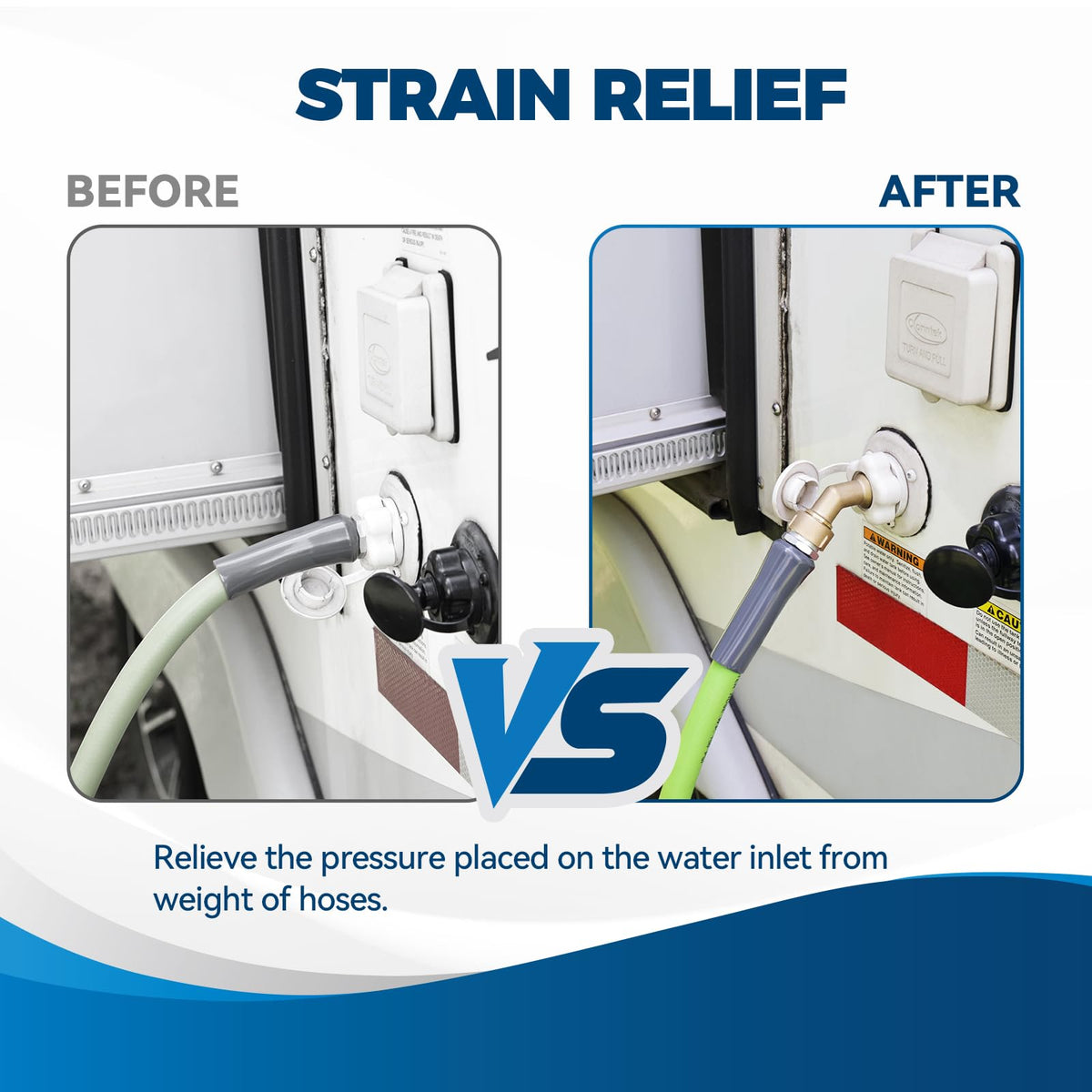 RVGUARD brass elbow connector relieves weight tension to prevent kinks during RV water hookups.