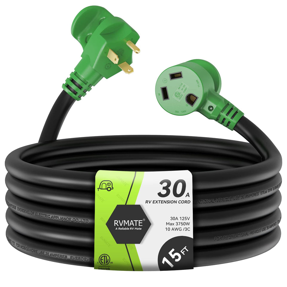 RVMATE 15ft RV extension cord extended reach for safe campsite connections.