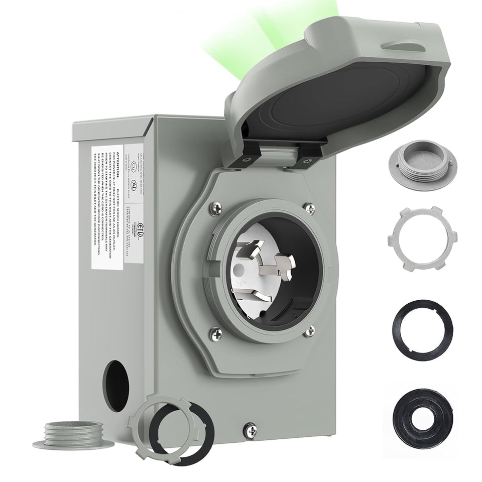 RVMATE pre-drilling 50A generator inlet box with easy wiring cap removal for fast setup.