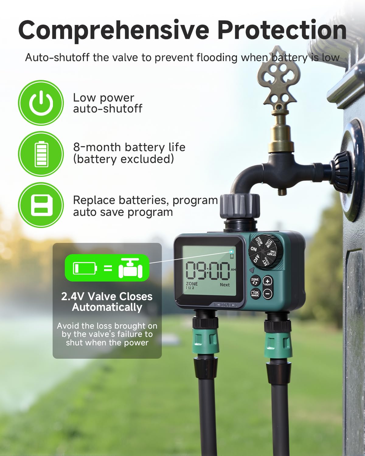 Rvwsx Sprinkler Timer 2-Zone battery compartment sealed against moisture.