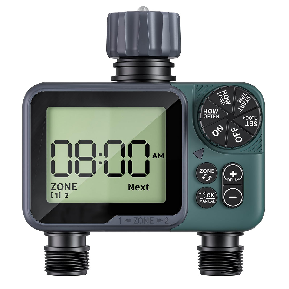 Rvwsx Sprinkler Timer 2-Zone front view for independent lawn and garden irrigation.