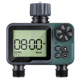Rvwsx Sprinkler Timer 2-Zone front view for independent lawn and garden irrigation.