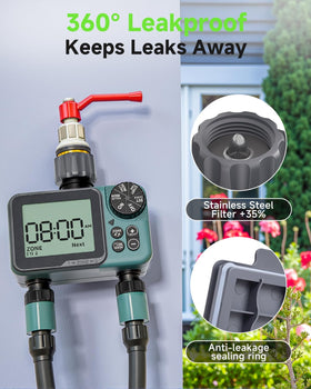 Rvwsx Sprinkler Timer 2-Zone installation on faucet with 3/4-inch threading.