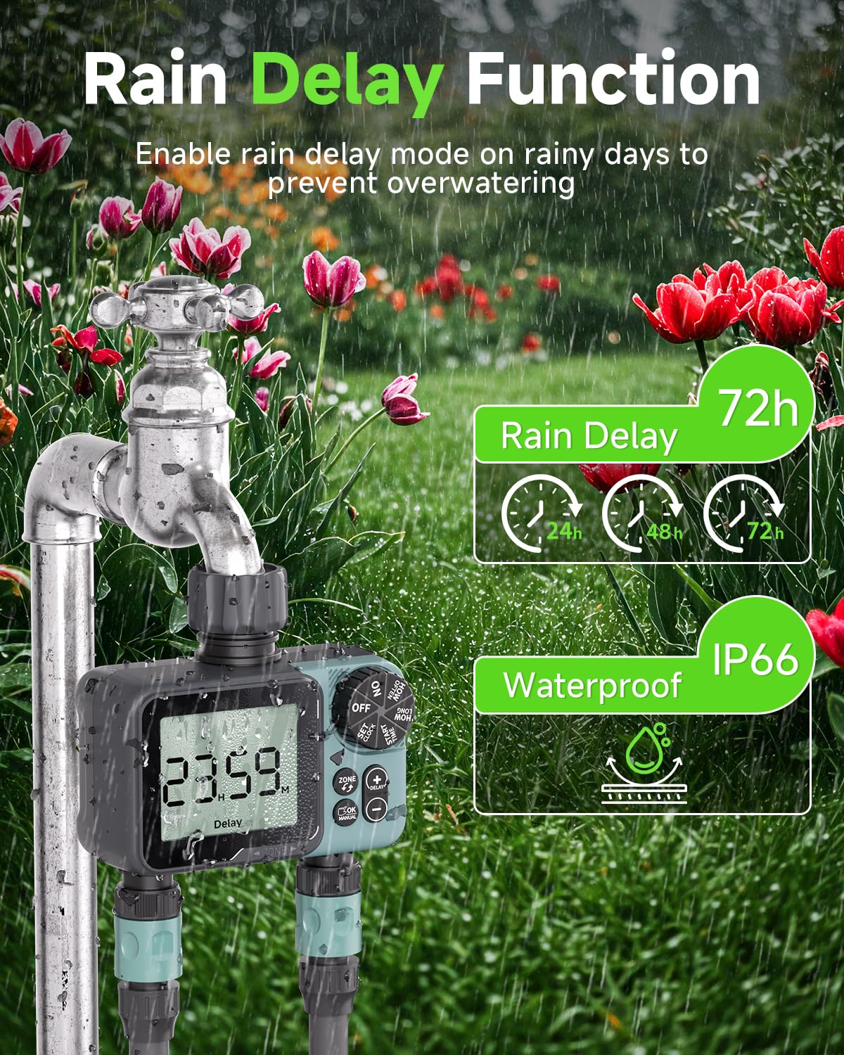 Rvwsx Sprinkler Timer 2-Zone manual mode for immediate area watering.