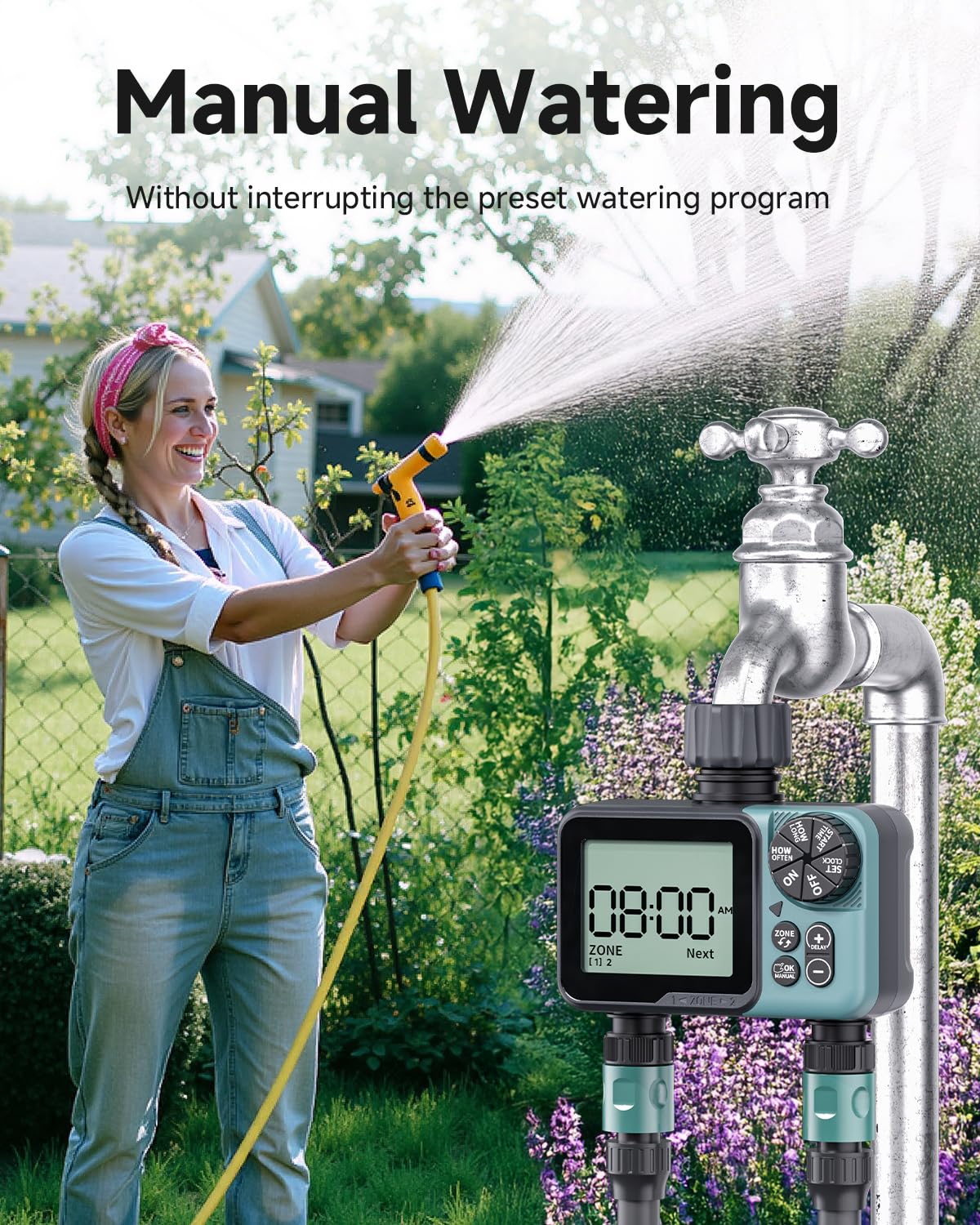 Rvwsx Sprinkler Timer 2-Zone rain delay mode saves water during rain.