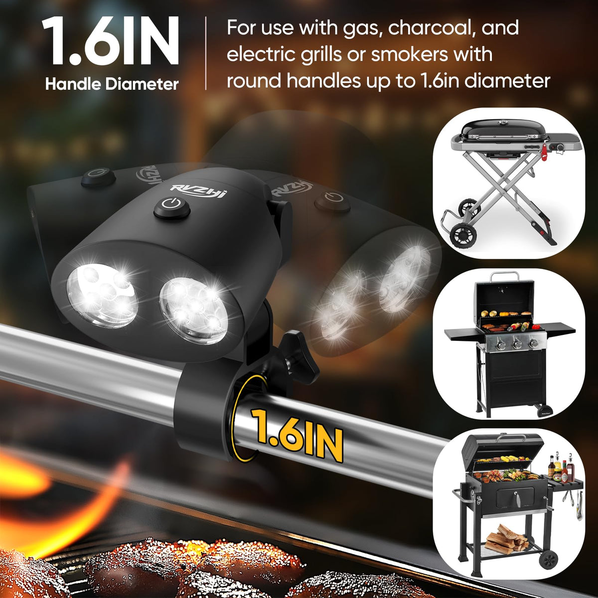 RVZHI Grill Light uses aluminum clamp for secure attachment on handles