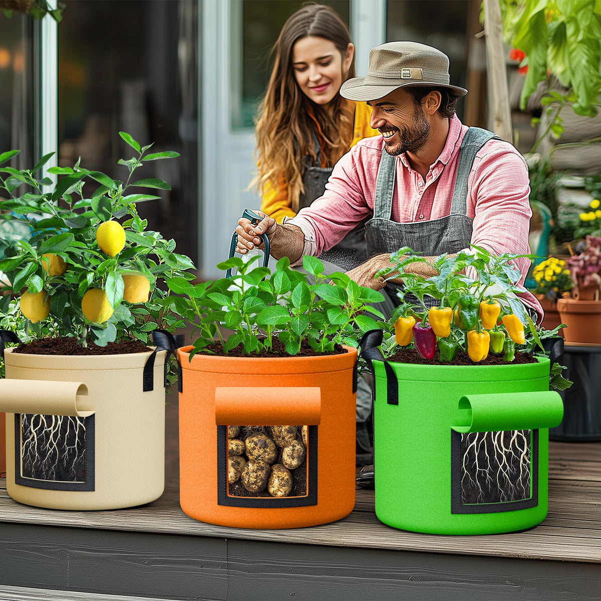 RVZHI 10 gallon grow bags suitable for multiple crops in a garden