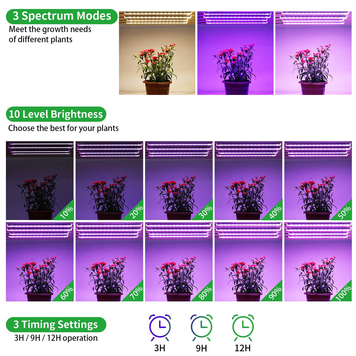 RWNTAO four-strip growing lamp glows over a greenhouse shelf for healthy plants.