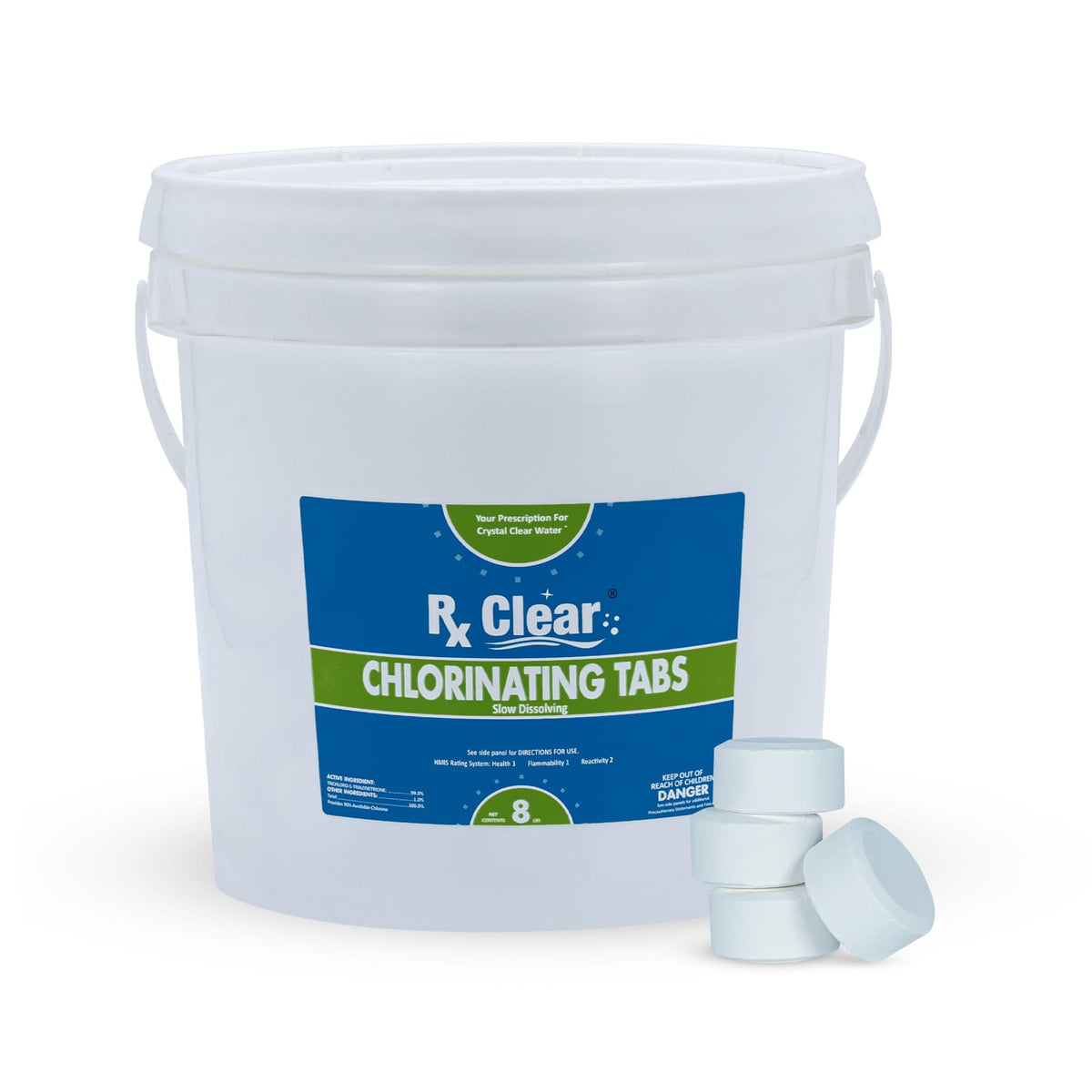 Rx Clear 1-inch chlorine tabs bottle supports steady sanitizer levels for consistent pool maintenance.