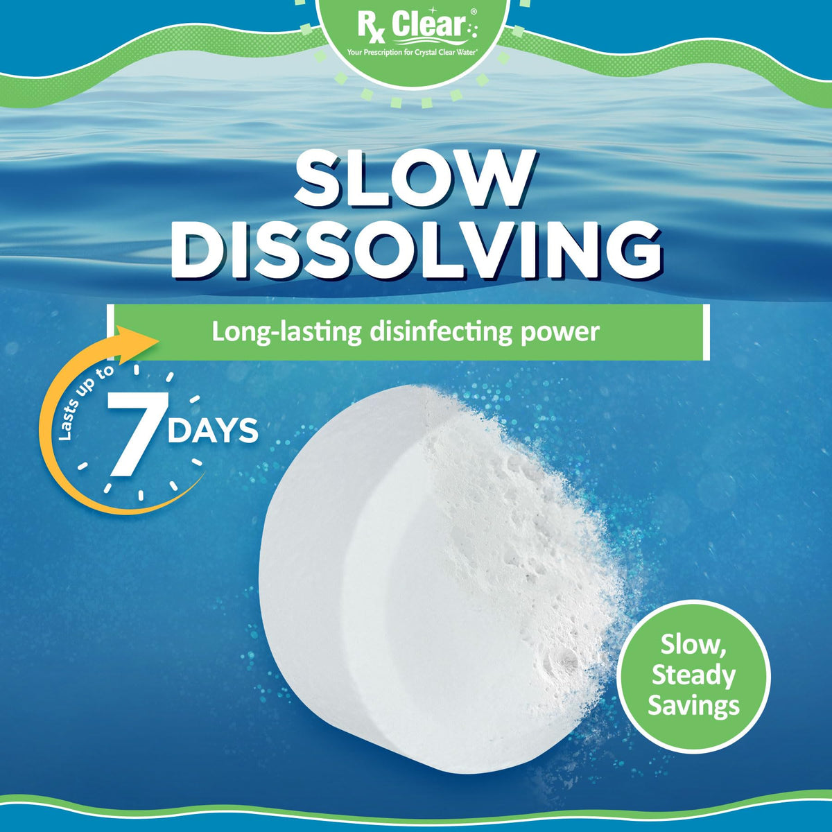 Rx Clear 1-inch chlorine tabs close-up showing compact design and slow dissolving action for spas.