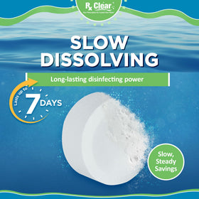 Rx Clear 1-inch chlorine tabs close-up showing compact design and slow dissolving action for spas.