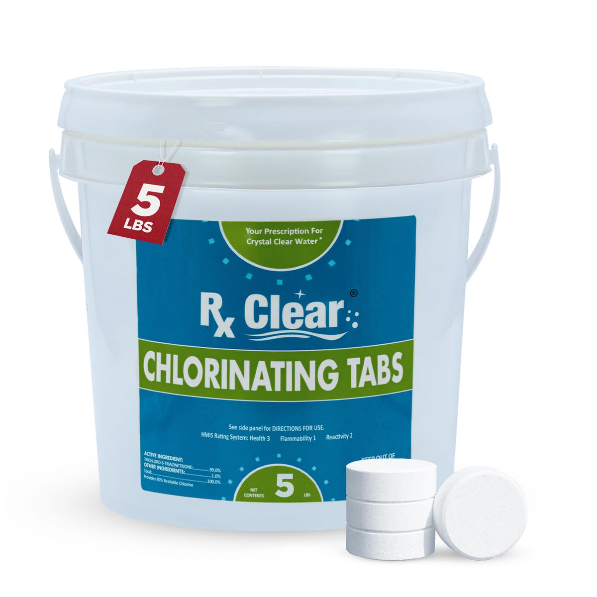 Rx Clear 3-Inch Chlorine Tabs bottle showing UV-stabilized formula for long-lasting pool sanitation