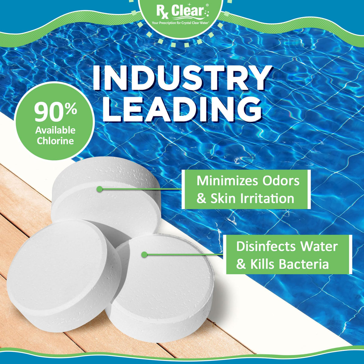 Rx Clear 3-Inch Chlorine Tabs on pool edge indicating surface compatibility