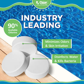 Rx Clear 3-Inch Chlorine Tabs on pool edge indicating surface compatibility