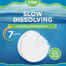 Rx Clear 3-Inch Chlorine Tabs in dispenser demonstrate steady dosing for maintenance