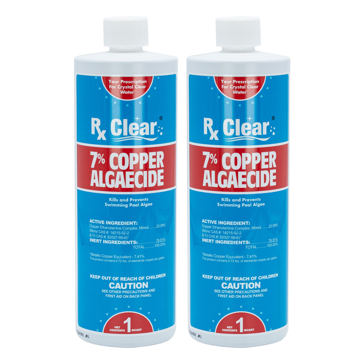 Rx Clear 7% Copper Algaecide bottle pour for quick algae control in pool water