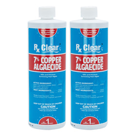 Rx Clear 7% Copper Algaecide bottle pour for quick algae control in pool water