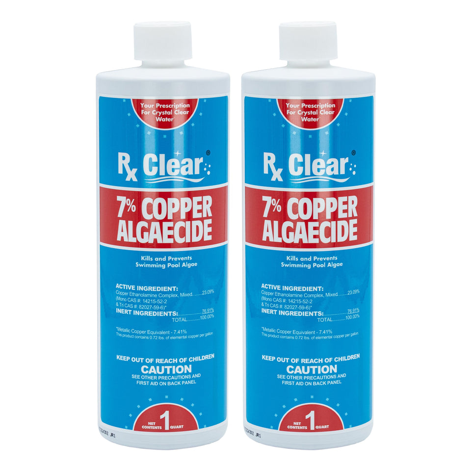 Rx Clear 7% Copper Algaecide bottle pour for quick algae control in pool water