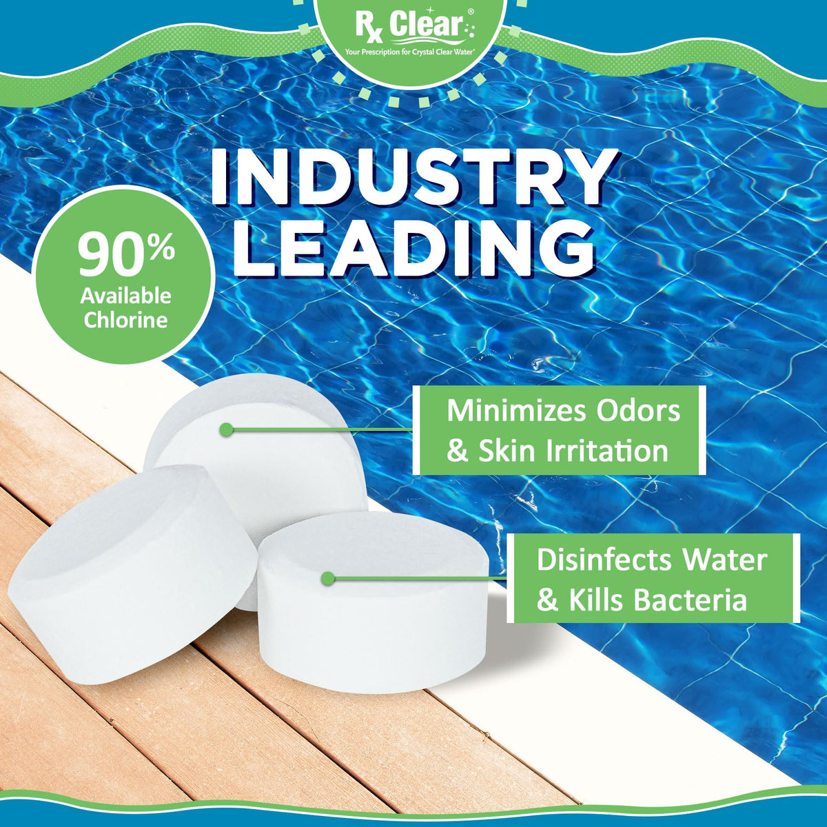Rx Clear slow-dissolving tablets illustrate even sanitizer release in small pools.