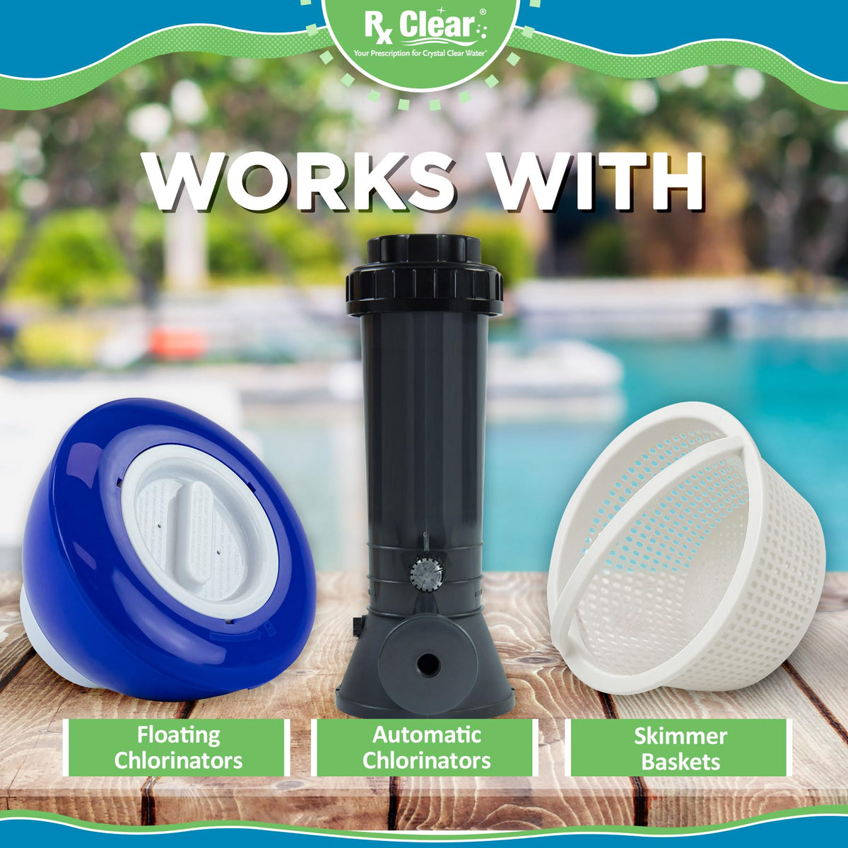 Rx Clear spa feeder application enables steady dosing with compact dispensers.