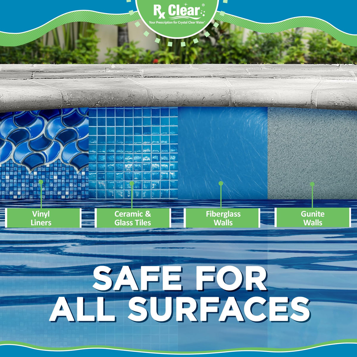 Rx Clear water clarity after treatment in outdoor pools with stabilized tablets.