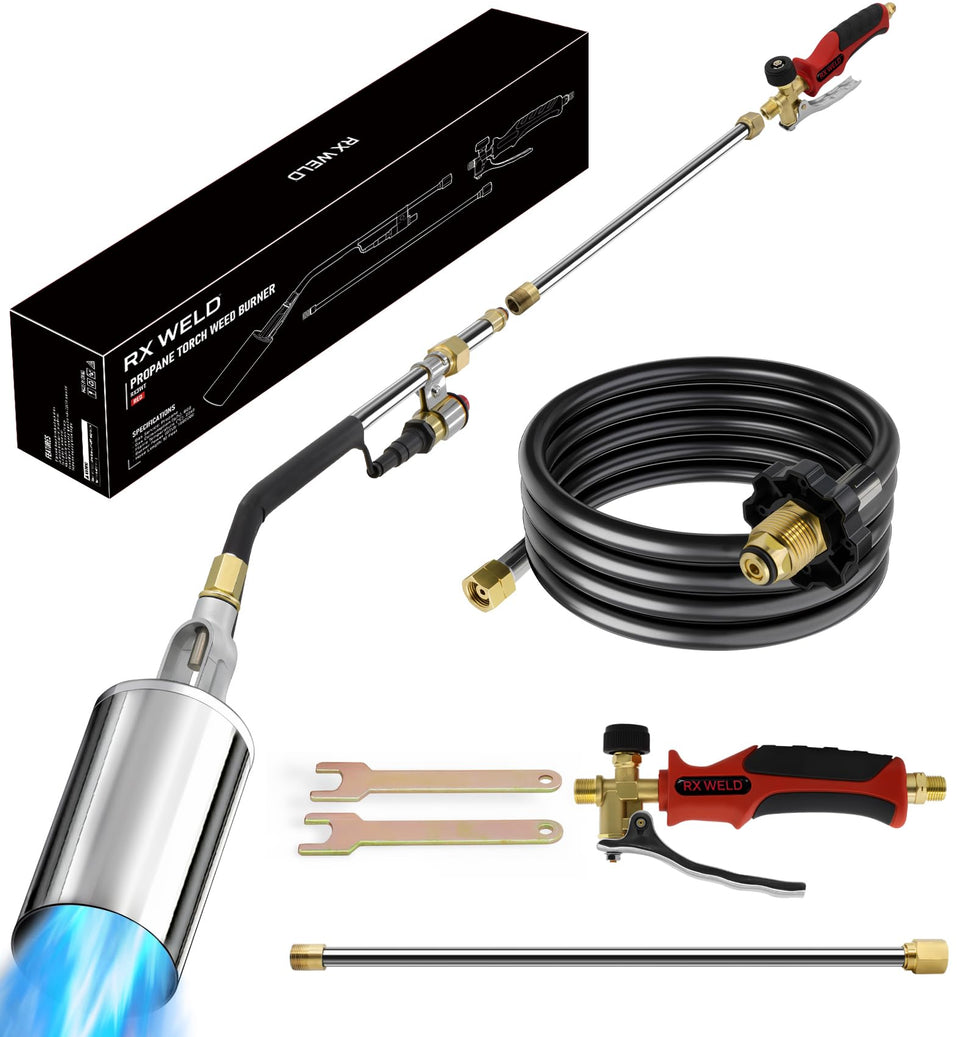 RX WELD propane torch assembly for versatile weed control and ice melting around sidewalks.