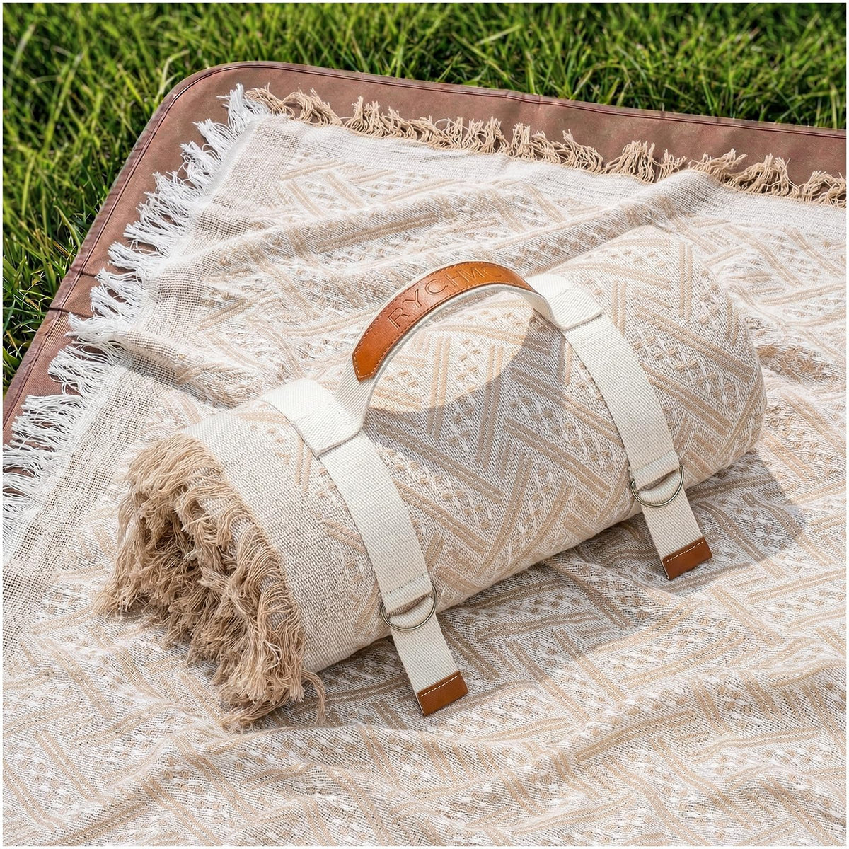 RYCHIC 2-in-1 extra-large boho beach blanket and towel for sand-free picnics.