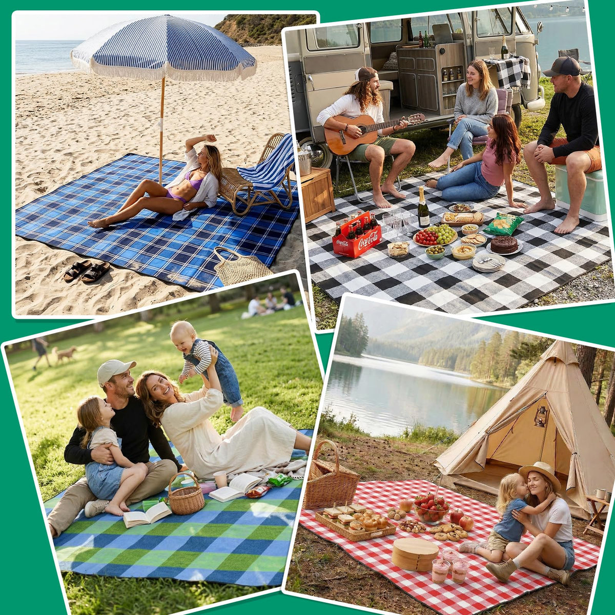 RYCHIC beach mat provides sandproof surface and easy cleaning after sun days.