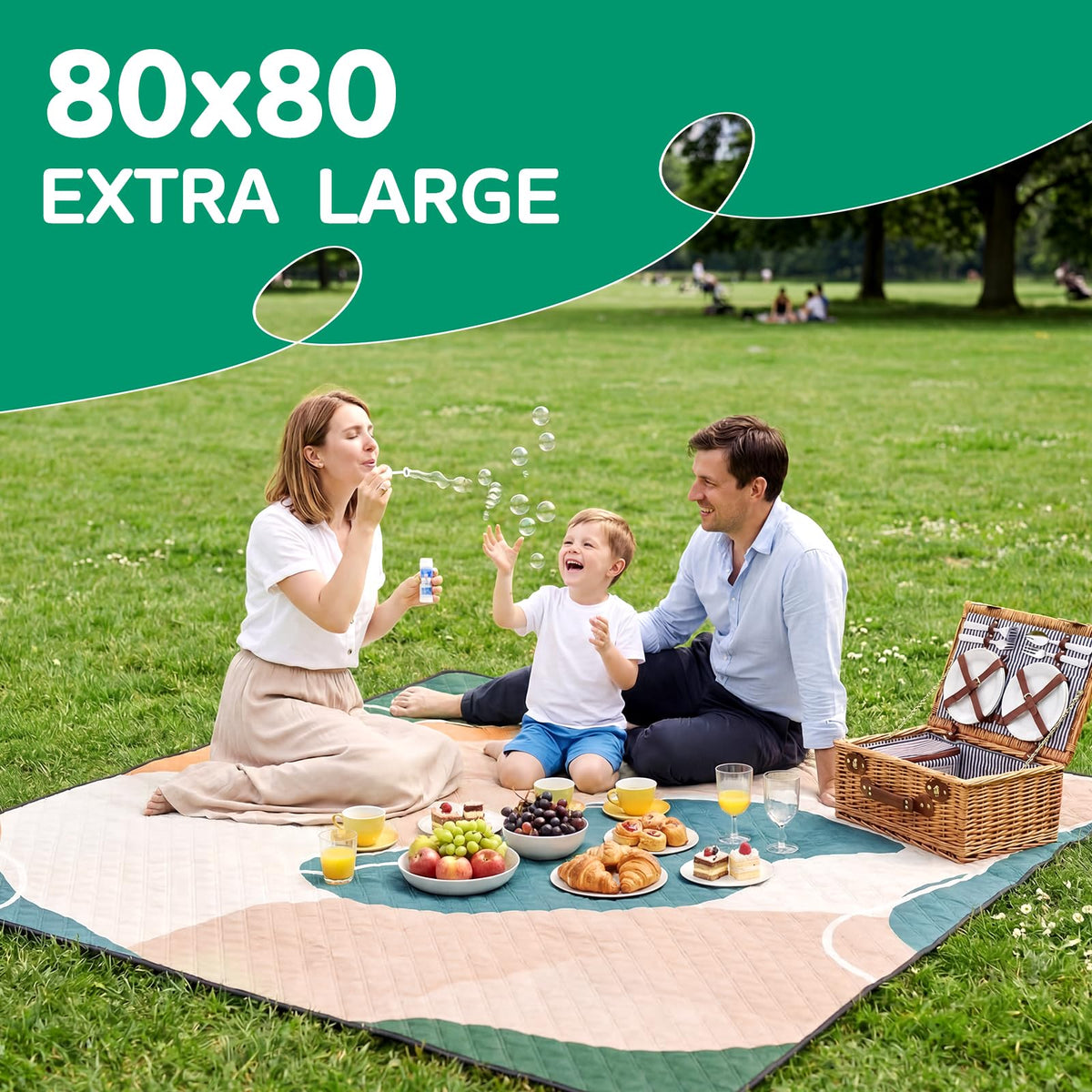 RYCHIC extra large picnic mat spread for group outdoor gatherings.