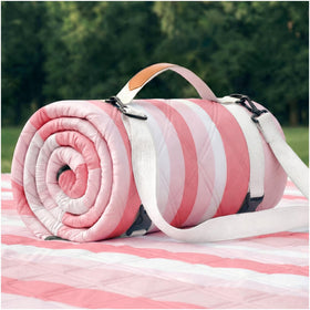 RYCHIC pink waterproof beach blanket in a wide shot for easy family beach day