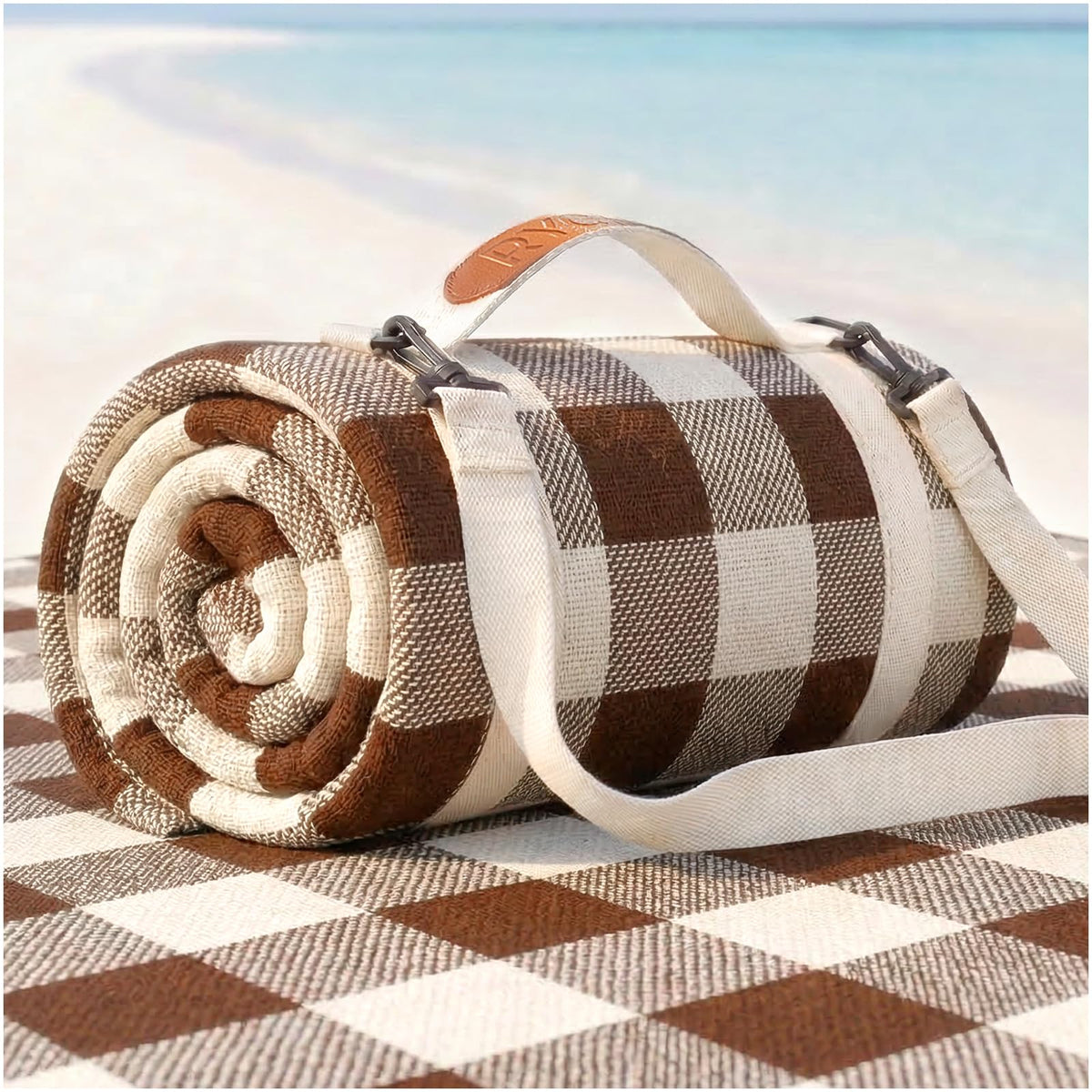 RYCHIC waterproof beach blanket folded for portable storage