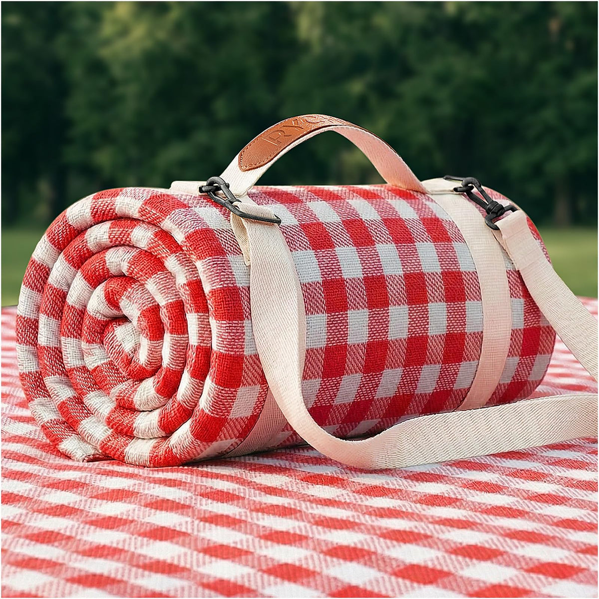 RYCHIC waterproof picnic blanket laid flat for 4-8 people, ideal for family outings and easy cleanup.