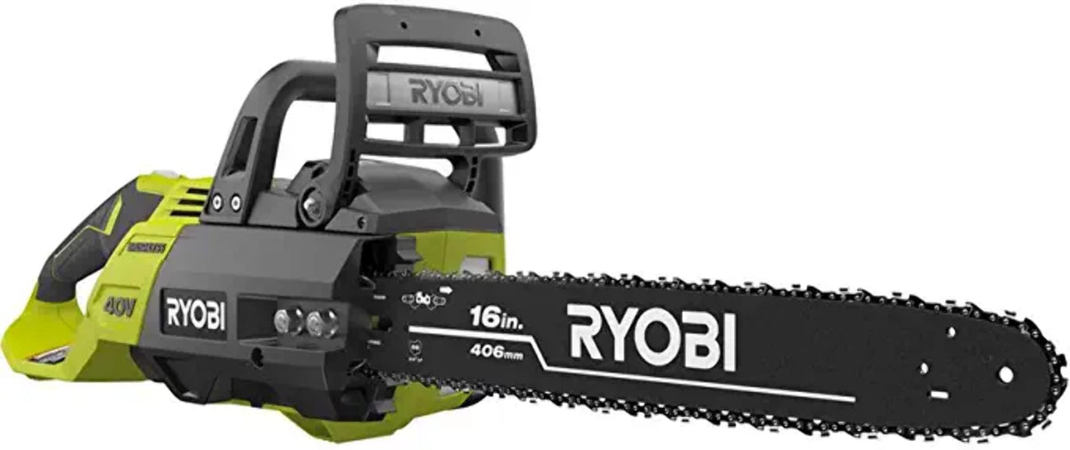 RYOBI 16-inch bar and chain with 40V brushless motor for fast cordless cutting.